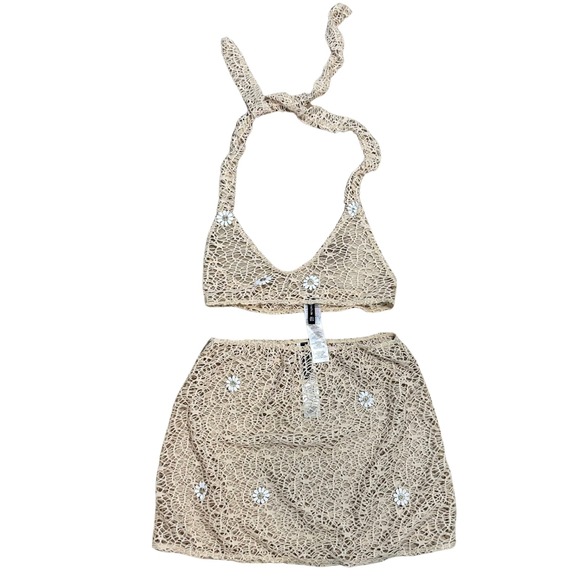 PrettyLittleThing Dresses & Skirts - PrettyLittleThing Skirt Set Womens Boho Festival 2 Beige Ivory Crochet Vacation